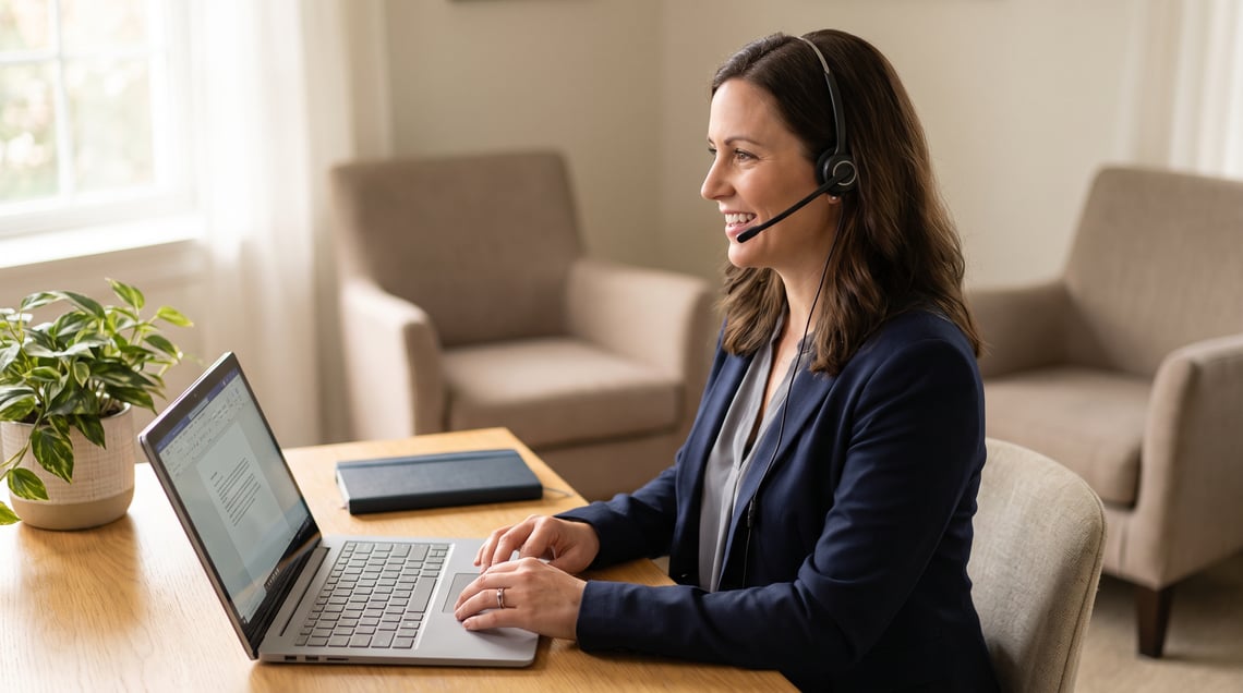 Allied health practitioner dictating session notes into a headset at a Windows laptop after a client has left