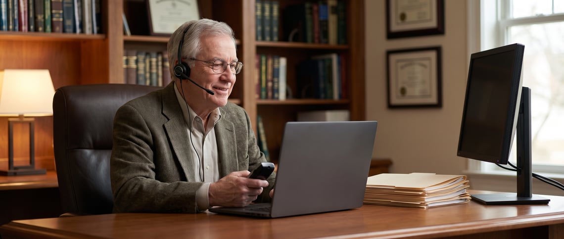 A clinical psychologist dictating a detailed report word for word in a quiet office