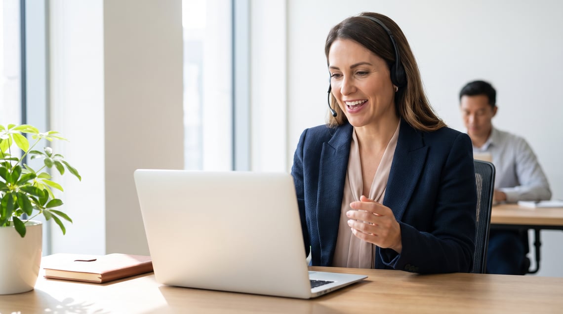 A professional dictating into a headset microphone at a Windows laptop in a bright modern office